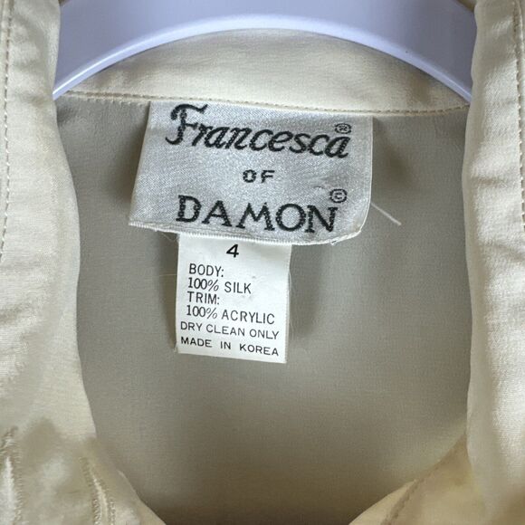 Vtg Francesca of Damon Silk Blouse Women's 4 White Black Stripe Coin Rope (0952) - Picture 2 of 11